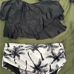 Black Ruffle Swim Top with Palm Print Bikini Bottoms